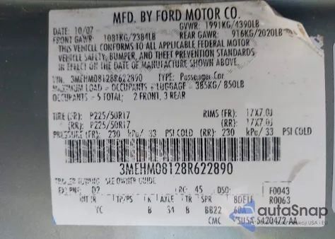 2008 Mercury Milan V6 Premier from USA, damaged, VIN 3MEHM08128R622890